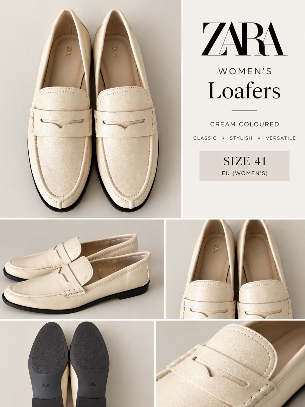 Zara Cream Women's Loafers - Classic Slip-On Dress Shoes